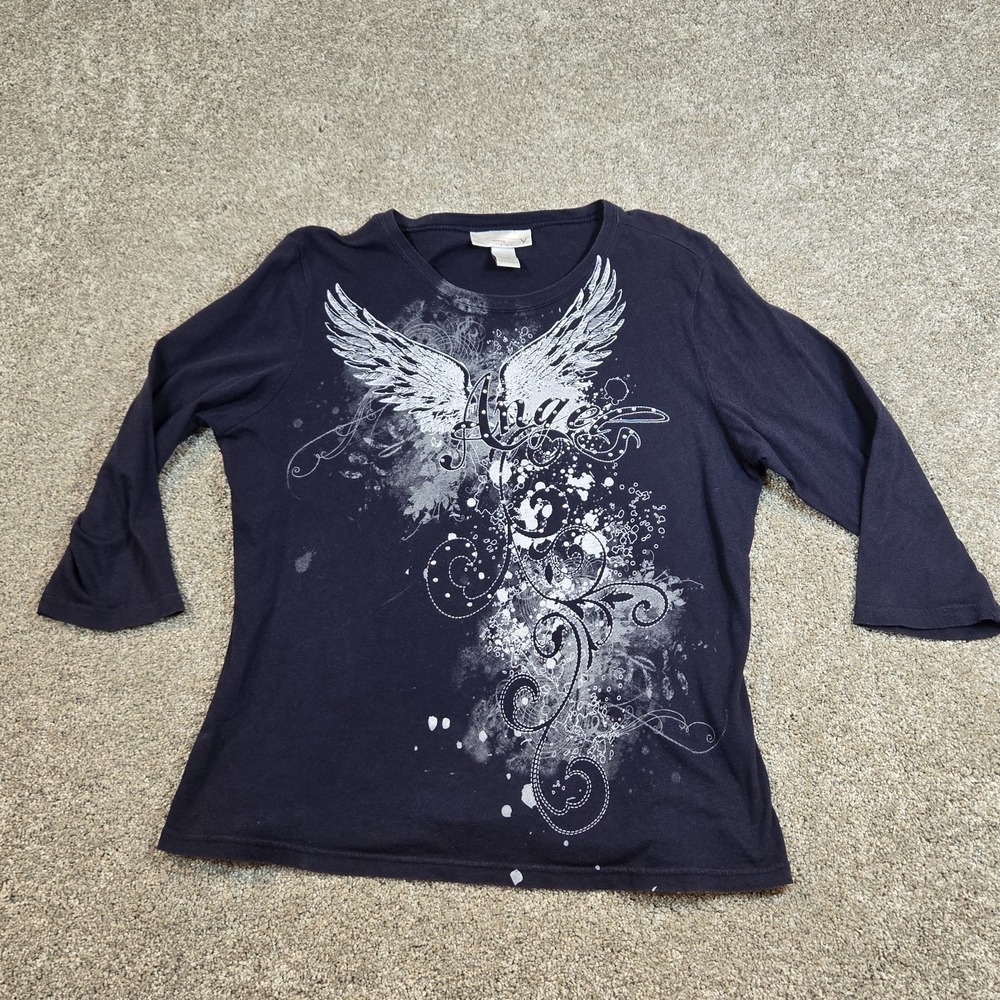 Vintage Y2K Venezia Women's Size 14-16 Angel Wings Black Grunge 3/4 Sleeve